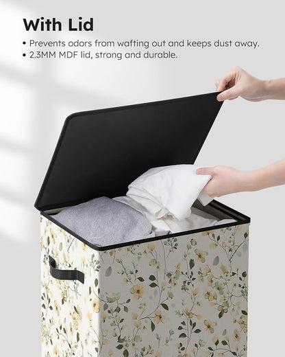 SOLEDI Laundry Hamper with Lid, 90L Tall & Large Floral Laundry Basket, Collapsible Clothes Hamper with Removable Bag, Dirty Hampers for Bedroom, Bathroom, Laundry Room