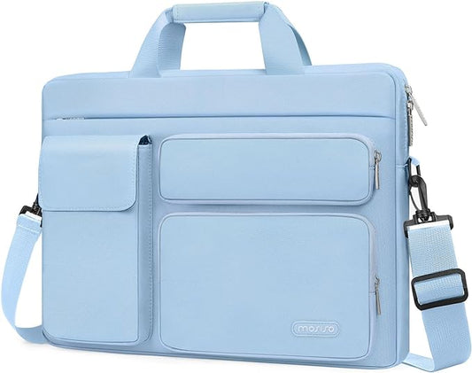 MOSISO Laptop Shoulder Bag 13.3 inch, 13-14 inch Computer Bag Compatible with MacBook Air/Pro 13 / Pro 14, HP Dell ASUS Lenovo with 2 Raised&1 Flapover&1 Horizontal Pocket&Handle&Belt, Airy Blue