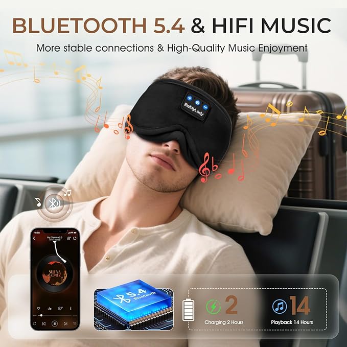 Sleep mask Headphones,100% Blackout 3D Zero Eye Pressure Bluetooth Sleep mask Breathable Eye mask with Bluetooth Headphones Sleep Headphones for Side Sleepers 14H Playtime&Bluetooth 5.4 Black