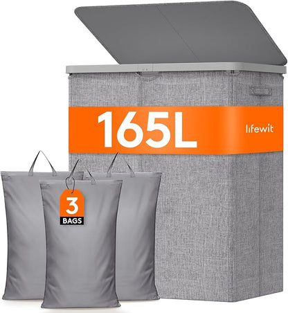 Lifewit 165L Laundry Basket with Lid, Large Laundry Hamper with Plastic Handles and Removable Bag, Foldable Tall Dirty Clothes Hampers for Laundry for Laundry Room, Bedroom, Bathroom, Dorm, Light Gray
