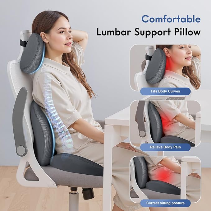 FLORICH Seat Cushion and Lumbar Support Pillow for Office Chair Car, Car Neck Pillow, Ergonomic Memory Foam Back Support for Office Gaming Chair Wheelchair, Relieves Neck, Back & Sciatica Pain – Gray