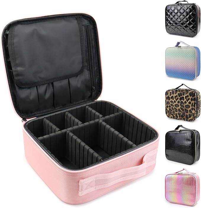 Travel Makeup Case 5 Layers Portable Makeup Train Case Cosmetic Bag Organizer Storage for Women with Adjustable Dividers and Shoulder Strap for Toiletry Travel Accessories(pink)