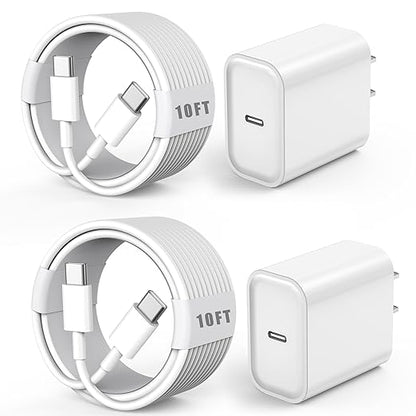 USB C Charger for iPhone 16 Fast Charging,2 Pack 20W Type C Apple Wall Charger Block with 2Pack 10 Foot Extra Long 60W USB C to C Cable Cord for iPhone 16/16Pro/15,iPad Pro 12.9/11,Air 5/4, Mini