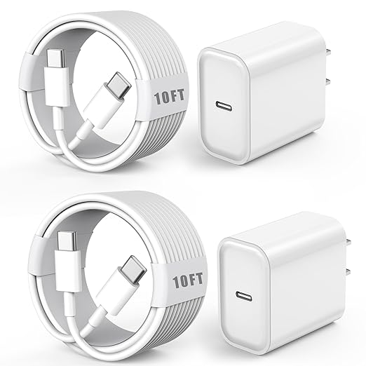 USB C Charger for iPhone 16 Fast Charging,2 Pack 20W Type C Apple Wall Charger Block with 2Pack 10 Foot Extra Long 60W USB C to C Cable Cord for iPhone 16/16Pro/15,iPad Pro 12.9/11,Air 5/4, Mini