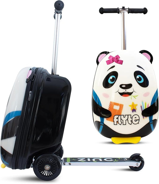 FLYTE Scooter Suitcase Folding Kids Luggage – Penni the Panda, 18 Inch Hardshell, Ride On with Wheels, 2-in-1, 25 Litre Capacity