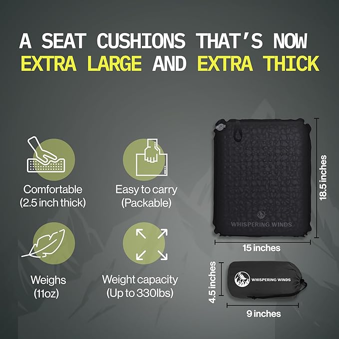 Whispering Winds Inflatable Seat Cushion - Comfortable Blow-up Foam Pad for Airplane, Travel, Stadium, Outdoors, Camping, Car & More