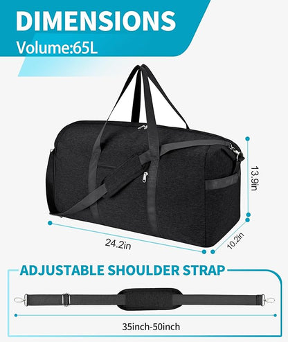 Felipe Varela 65L Duffle Bag with Shoes Compartment, Foldable Carry on Bag Travel Duffel Bags Overnight weekender Gym Bag with Wet Pocket for Women Men(Black)