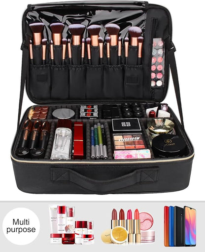 Relavel Makeup Case Large Makeup Bag Professional Train Case 16.5 inches Travel Cosmetic Organizer Brush Holder Waterproof Makeup Artist Storage Box, Large Capacity (Leather Black)