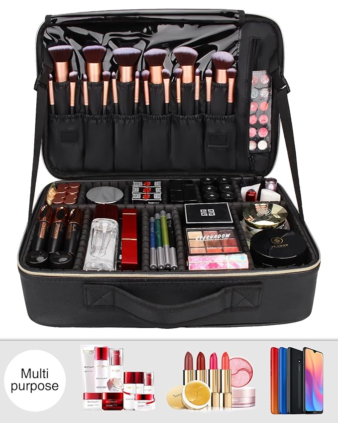 MONSTINA Large Makeup Travel Case Bag,Professional Makeup Artist Train Case with Brush organizer,Large Capacity Cosmetic Bag with Zipper Pocket and Adjustable Compartment（PU Leather Black）