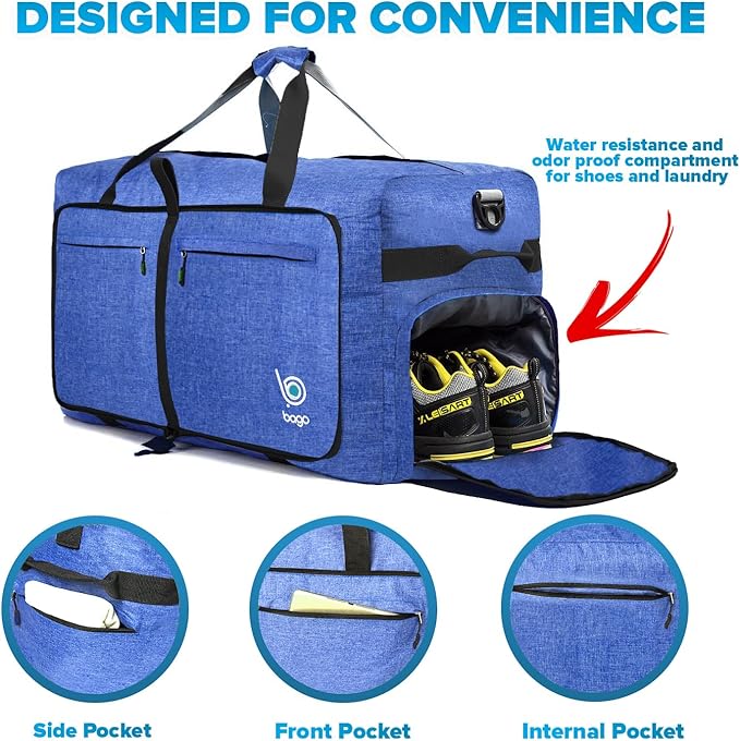 Bago Big XXL Foldable Duffel Bags for Traveling Women & Men - 140L Packable Duffle Bag for Travel with Shoe Compartment - Water Repellant, Heavy Duty, Lightweight Folding & Collapsible (SnowDepBlue)