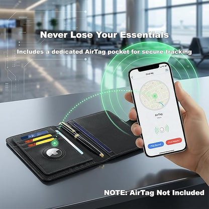 Passport Holder for Travel, RFID Blocking Leather Airtag Wallet for Women Men, Large Passport Cover Essentials Gift, Tickets, Cash, Photo, Sim Card Pen Slot - Black
