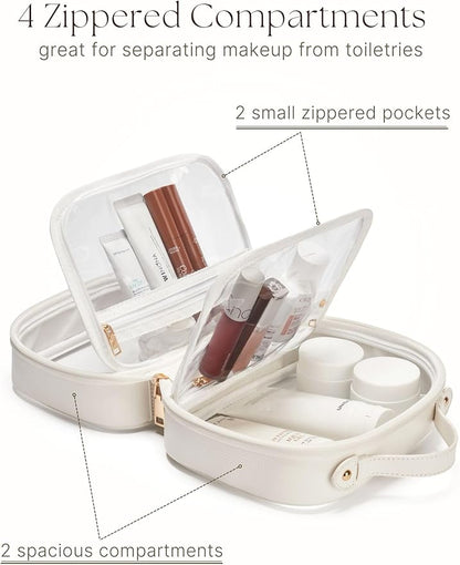 Clear Cosmetic Bag Double Layer Travel Toiletry Bag Clear Makeup Bag Case with 4 Compartments, Transparent Travel Bag for Toiletries, Large Toiletry Bag for Women Cosmetic Case (White, Small)
