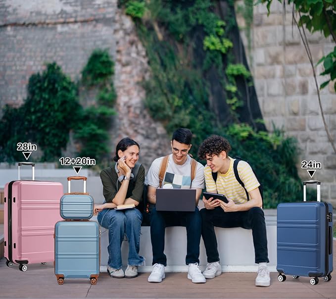 Kono 4 Piece Luggage Sets Expandable(only 28") with Spinner Wheels TSA Lock Lightweight PC+ABS Hardside Travel Rolling Suitcases 20in 24in 28in Carry on and 12in Mini Cosmetic Case Apricot Blue