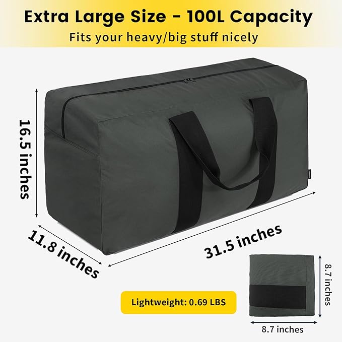 Vorspack Extra Large Duffle Bag for Travel - 100L Duffel Bag for Men Gear Bag for Storage Foldable Weekender Bag for Overnight Camping - Grey