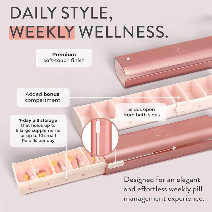 Pretty Pill Box Set - Stylish & Compact Daily Pill Organizer, Medication Pill Case, Pill Container for Vitamin Management, Pill Holder, Travel Essentials for Women & Men - Rose