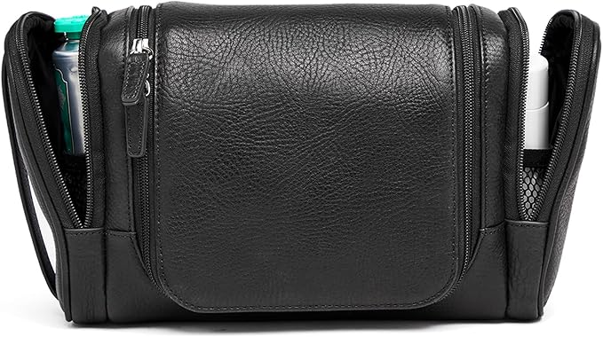 Leatherology Premium Ebony Small Hanging Toiletry Kit – Compact Leather Travel Organizer with Interior Zip Pockets, Mesh Pouches & Hanger | Full-Grain Leather Toiletry Bag for Men & Women