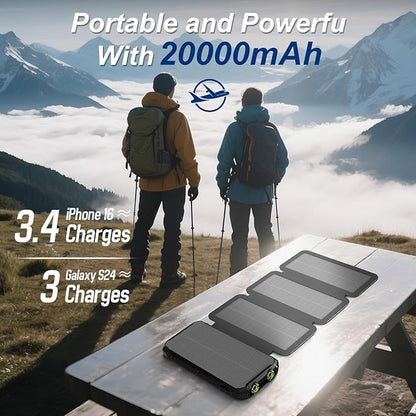 Portable Charger 20000mAh Solar Power Bank Built-in 3 Cables and Wireless Charging Battery Pack Compatible for iPhone, Samsung, IPX5 Waterproof, Bright Flashlight Perfect for Camping, Hiking, Outdoor