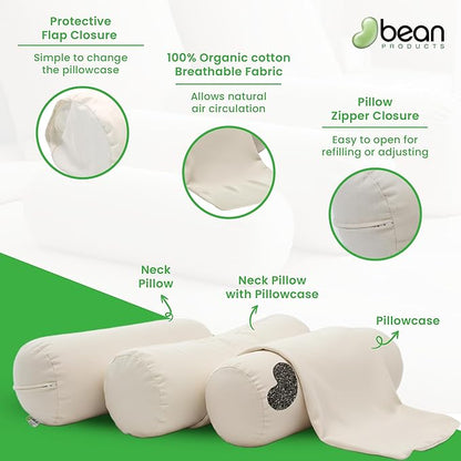Organic Cotton Neck Roll Pillow with Pillowcase – Organic Buckwheat Filled Soft Neck Pillow with Breathable and Durable Fabric Washable Protector – Supportive for Deep Sleep – Made in USA, 4" x 12"