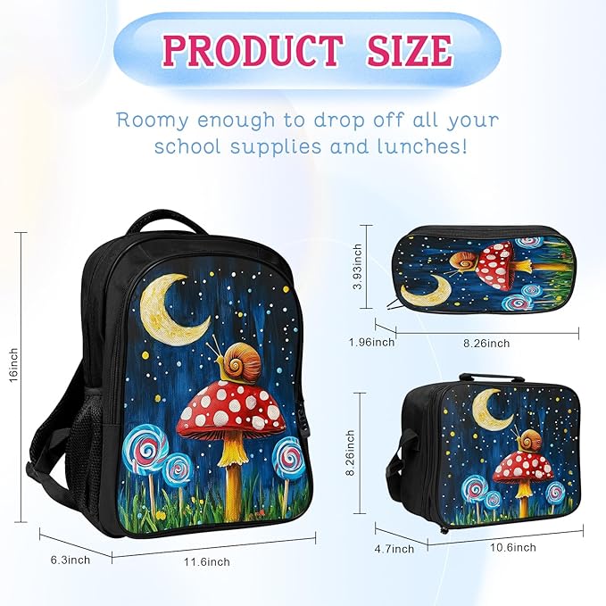Mushroom Snails Backpack Mushroom Moon Night 17 Inches Bookbag 3PCS Set with Lunch Box Pencil Case Daypack for Kids Girls Boys