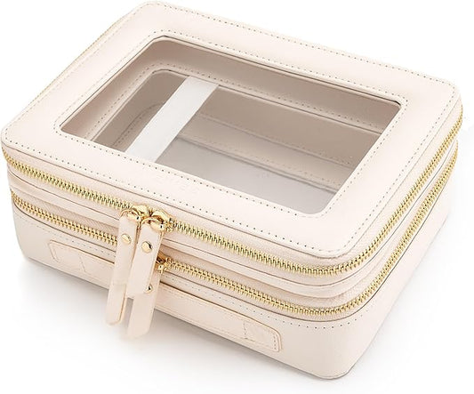 Aveniee Large Clear Makeup Bags, Double Layer Cosmetic Bags with Separate Brush Compartment, Travel Toiletry Bag Cosmetic Train Case, Travel Accessories Organizer for Women(2 Layers, White)