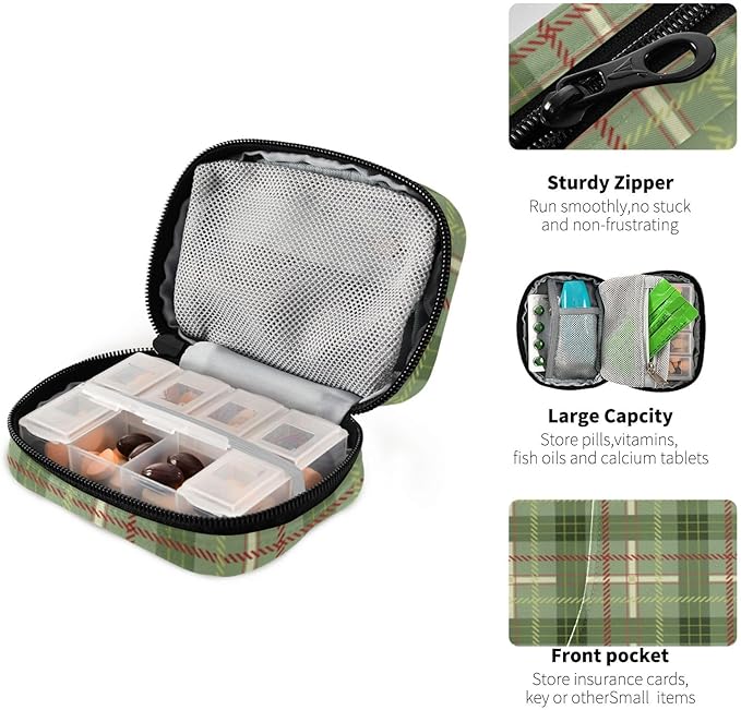 Pill Organizer Box Case Weekly Travel Pill Container Cute Pill Holder 7Day Vitamin Organizer Pill Dispenser Sorter Planner Storage Small Compact Green Plaid06