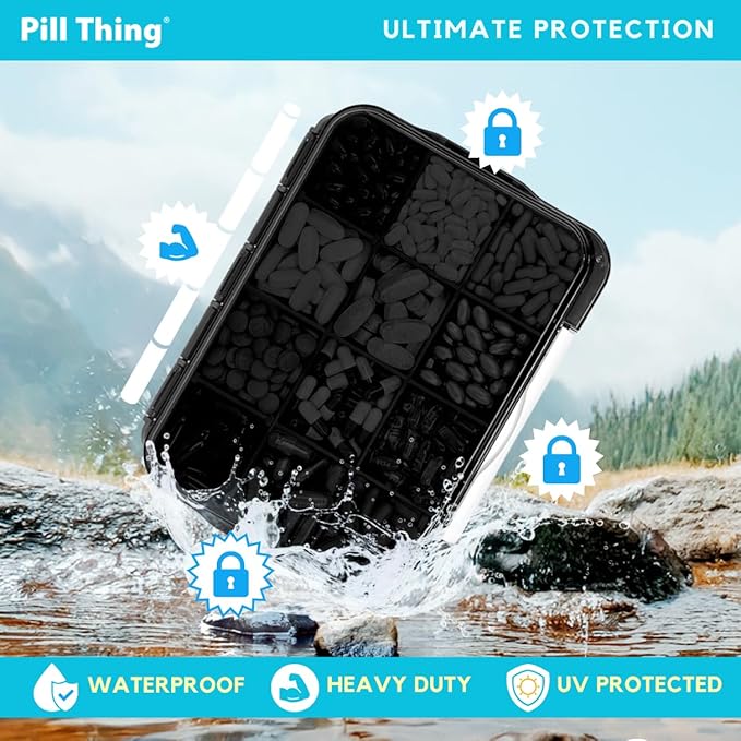 12 Compartment Large Pill Case with Airtight Seal - Silicone Gasket Waterproof Med Organizer Box with Medication Map, Medical Alert Card (Black, 1 Pack)