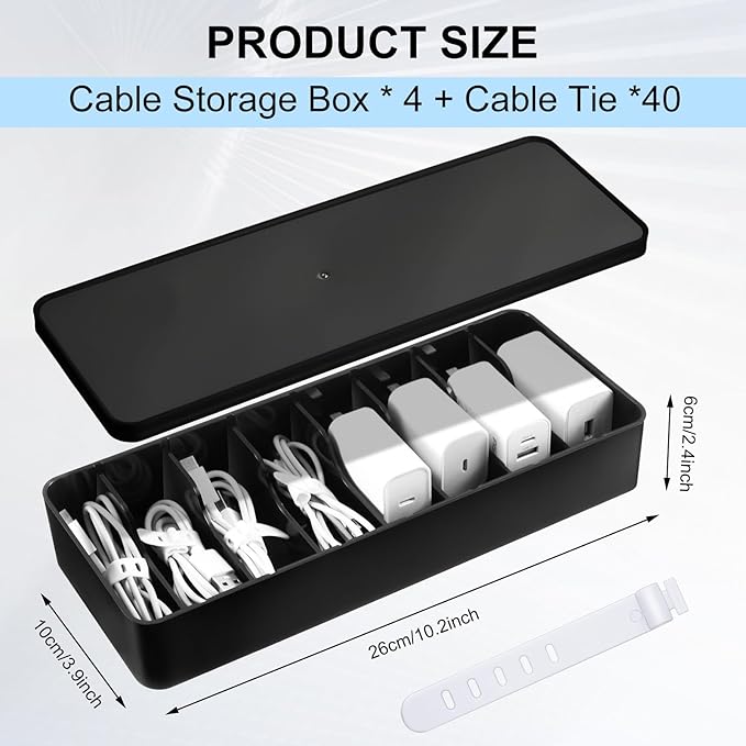 Tatuo 4 Pcs Cable Organizer Box with Wire Ties, Plastic Cord Storage Box with Lid, Electronics Organizer for Home Office Desk Organizers and Accessories (Black)