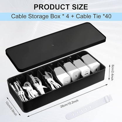Tatuo 4 Pcs Cable Organizer Box with Wire Ties, Plastic Cord Storage Box with Lid, Electronics Organizer for Home Office Desk Organizers and Accessories (Black)