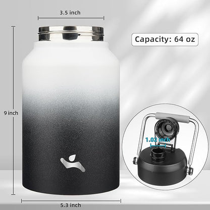 Half Gallon Jug with Handle,64 oz Insulated Water Bottle with Carrying Pouch,Double Wall Vacuum Stainless Steel Metal Bottle,Day Night