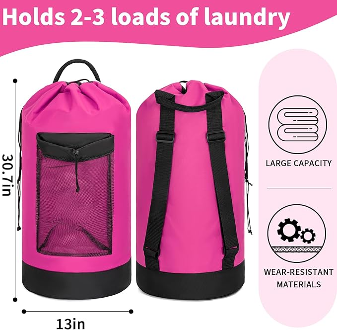 Laundry Bag Backpack with Shoulder Straps and Mesh Pocket Foldable Clothes Hamper Bag with Drawstring Closure for College, Apartment, Laundromat (Pink)