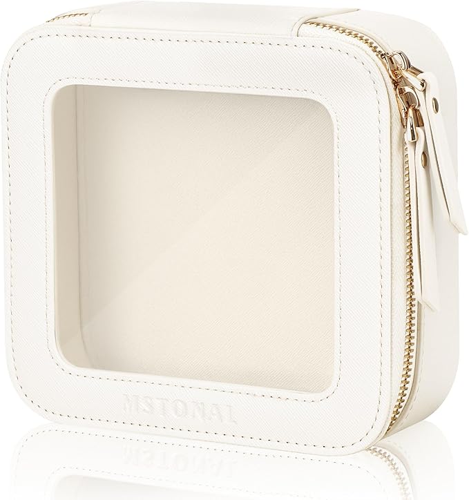 Clear Makeup Bag, Travel Toiletry Bag Cosmetic Case for Women, Waterproof Portable Small Make Up Skincare Pouch with Zipper, Compact Car Organizer Bag for Essentials, Mini Size, Ivory White