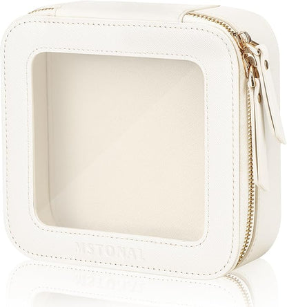 Clear Makeup Bag, Travel Toiletry Bag Cosmetic Case for Women, Waterproof Portable Small Make Up Skincare Pouch with Zipper, Compact Car Organizer Bag for Essentials, Mini Size, Ivory White