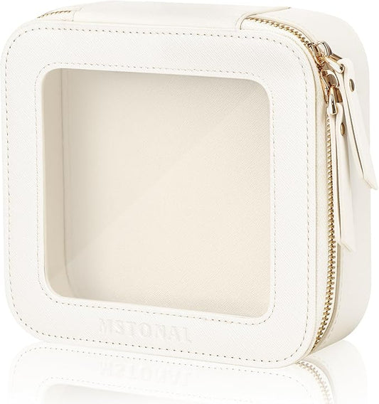 Clear Makeup Bag, Travel Toiletry Bag Cosmetic Case for Women, Waterproof Portable Small Make Up Skincare Pouch with Zipper, Compact Car Organizer Bag for Essentials, Mini Size, Ivory White