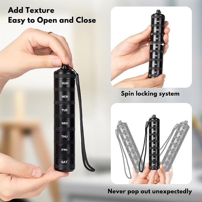 Portable Travel Pill Organizer - Metal Waterproof Pill Box, Small Compact Weekly Aluminum Alloy Container, 7 Day Daily Medicine Organizer Holder for Small Pills, Black S