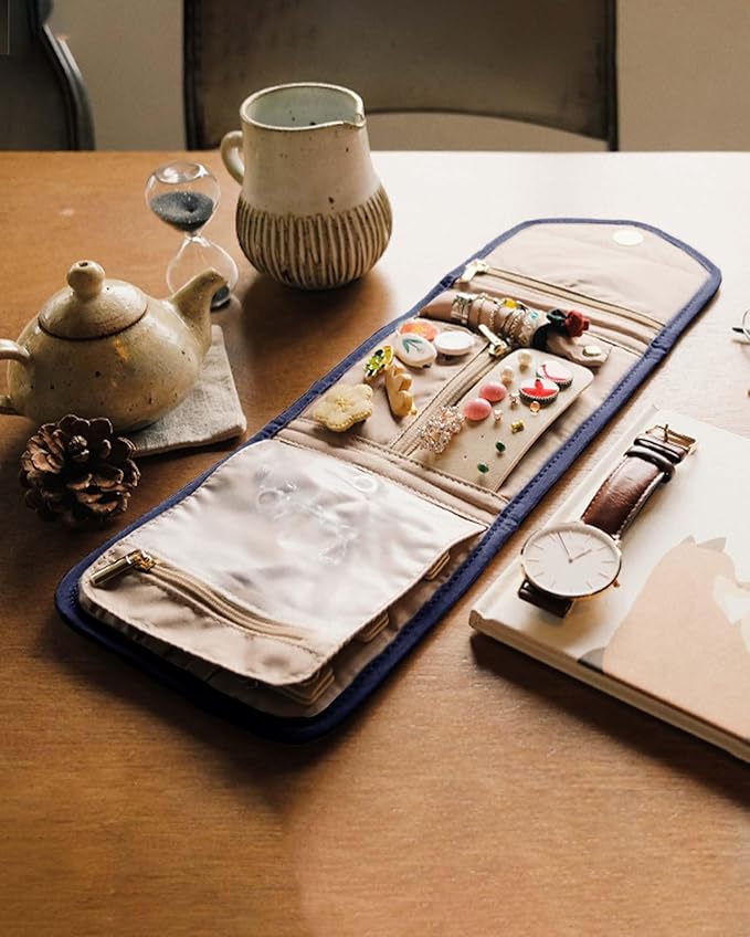 BAGSMART Travel Jewelry Organizer Case Foldable Jewelry Roll for Journey Rings, Necklaces, Earrings, Bracelets,Mini,Smokey Blue