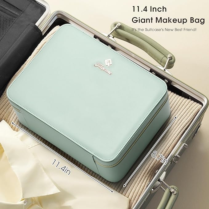 Leather Makeup Case with LED Lighted Mirror 11.4 Inch Travel Makeup Bag Adjustable Brightness in 3 Colors Cosmetic Organizer Artist Storage Bag with Dividers Brush Holder Storage Vanity Watery Blue