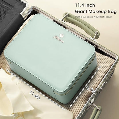 Leather Makeup Case with LED Lighted Mirror 11.4 Inch Travel Makeup Bag Adjustable Brightness in 3 Colors Cosmetic Organizer Artist Storage Bag with Dividers Brush Holder Storage Vanity Watery Blue