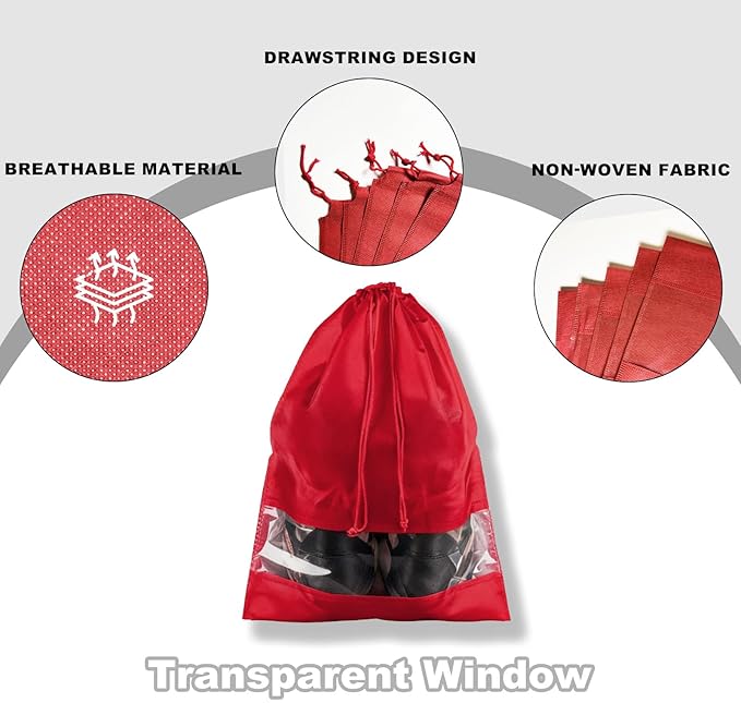 20 Pack Shoe Bags for Travel, 17" x 12.6" Drawstring Shoe Organizers with Clear Window, Breathable Non-Woven Dustproof Pouches for Luggage & Closet (Red)