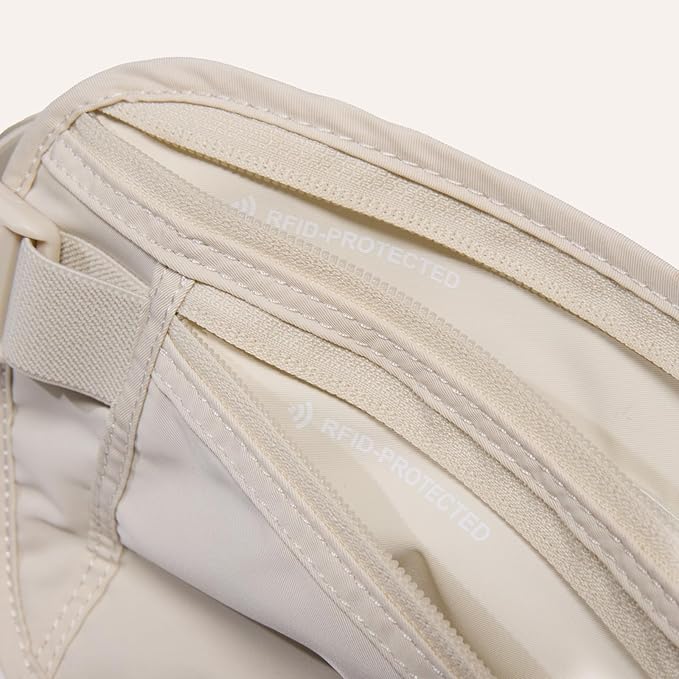Pander RFID Blocking Travel Money Belt – Hidden Waist Pouch for Passport, Cash, Cards, Slim Belt Bag for Men and Women, White Beige
