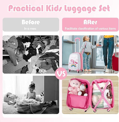 BABY JOY 2 Pcs Kids Luggage Set, 16" Carry-on Luggage Trolley Case & 12" Backpack w/Rolling Wheels, Retractable Handle, Lightweight Airline-approved Design, Kids Suitcase for Girls Boys (Pink Pony)