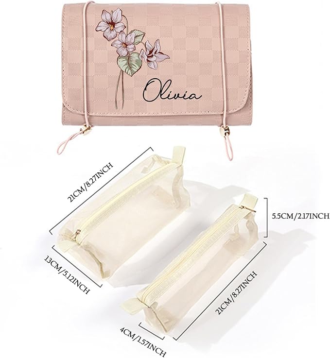callie Personalized Makeup Bag - Custom Name & Birth Flower, Leather Cosmetic Organizer Make Up Bag, Birthday Christmas Travel Gifts for Women