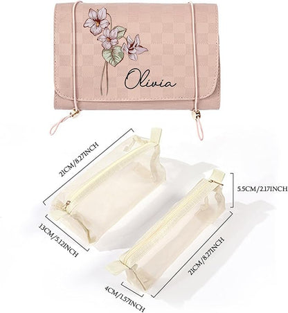callie Personalized Makeup Bag - Custom Name & Birth Flower, Leather Cosmetic Organizer Make Up Bag, Birthday Christmas Travel Gifts for Women