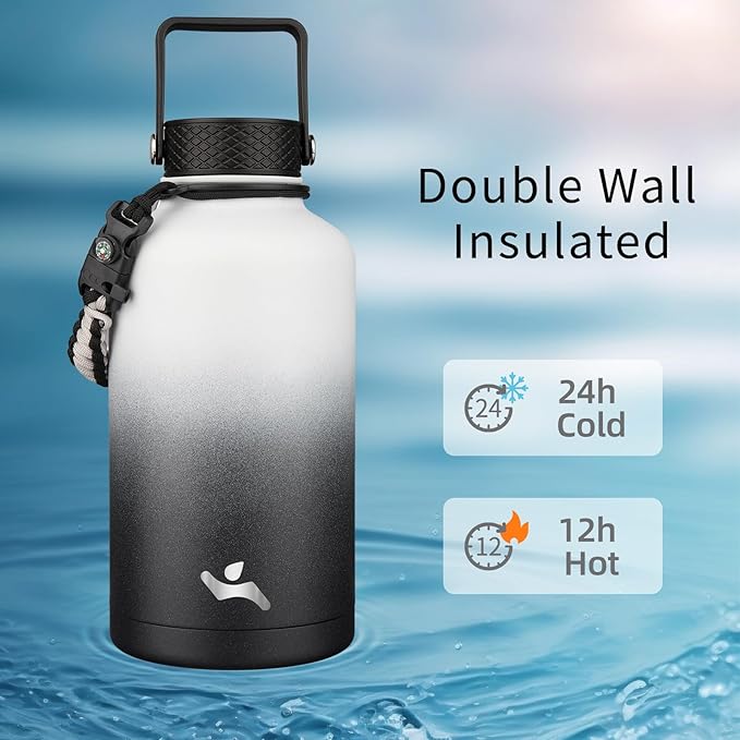 Half Gallon Insulated Water Bottle with Straw,64 oz 3 Lids Water Jug with Carrying Bag,Paracord Handle,Double Wall Vacuum Stainless Steel Metal Flask,Day Night