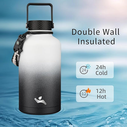 Half Gallon Insulated Water Bottle with Straw,64 oz 3 Lids Water Jug with Carrying Bag,Paracord Handle,Double Wall Vacuum Stainless Steel Metal Flask,Day Night