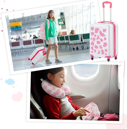 Redbaker 6 Pcs Kids Luggage Set 17 Inch Kids Rolling Luggage Double Pattern Suitcase for Girls Boys School Gift(Pink and White, 17 Inch, Cow Point Style)