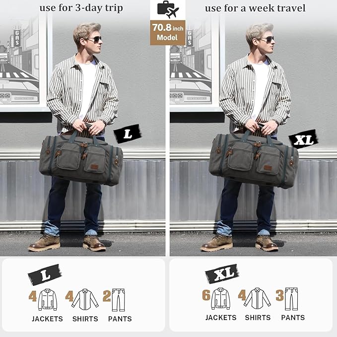 Gonex Canvas Duffle Bag for Travel, Expandable Water Resistant 60L Carry on Duffel Overnight Weekender Gym Bag with Wet Dry Separation Pocket & Suitcase Handle Sleeve, Grey