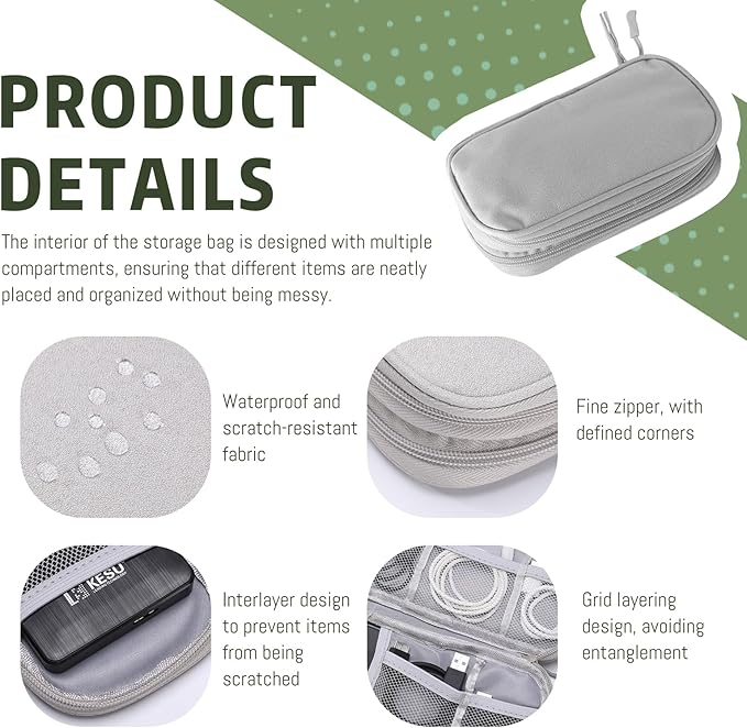 Electronic Organizer Double Layer, Water Resistant Cable Organizer Bag for Travel Essentials, Cord, Charger, Phone, Earphone, Large Size,Accessories Travel Essentials (Grey, Double-Layer)