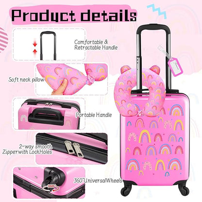 Sanwuta 4 Pcs Kids Luggage Set Backpack Travel Rolling Suitcase U-shape Pillow Christmas Children Gift for Girls Boys(17 Inch,Rainbow Style,Pink)