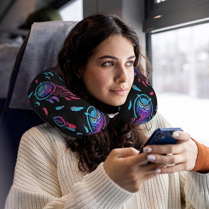 Neck Pillow Memory Foam Travel Pillows Comfortable for Airplane Flight Car Travel Office Nap and Sleeping, Funny Cushion for Head Shoulder Boho Owl Dream Catcher