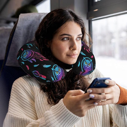 Neck Pillow Memory Foam Travel Pillows Comfortable for Airplane Flight Car Travel Office Nap and Sleeping, Funny Cushion for Head Shoulder Boho Owl Dream Catcher
